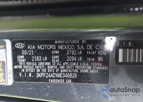 2021 Kia Forte Lxs из США, поврежденный, VIN 3KPF24ADXME346826